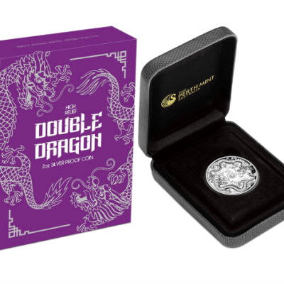 2019年 (新品) オーストラリア「ダブルドラゴン」純銀 2オンス ハイリリーフ プルーフ 銀貨