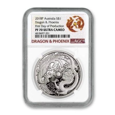 2018 (New) Australia Dragon and Phoenix Silver 1 oz Proof Coin (NGC First Day of Production PF70 Ultra Cameo)