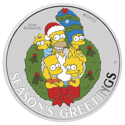 2022 (New) Tuvalu The Simpsons Season's Greetings Silver 1 oz Coloured Coin