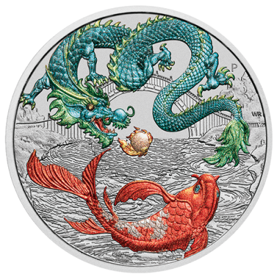 2023 (New) Australia Chinese Myths and Legends Green Dragon And Koi Silver 1 oz Color Coin