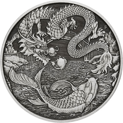 2023 (New) Australia Chinese Myths and Legends Dragon And Koi Silver 1 oz Antique Coin