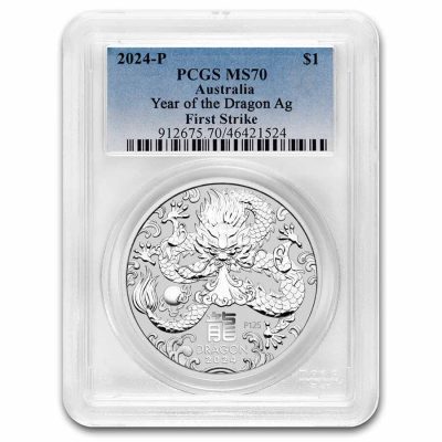 2024年 (新品) オーストラリア「干支 十二支・辰年 龍年」純銀 1オンス 銀貨 PCGS MS70 (ファーストストライク)