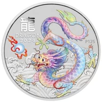 2024年 (新品) オーストラリア「干支 十二支・辰年 龍年・ホワイトドラゴン」純銀 1/2オンス カラー 銀貨