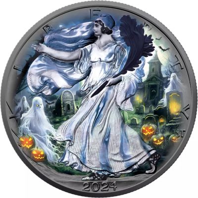 2024年 (新品) アメリカ「イーグル・ウオーキング リバティ・ハロウィン ゴーストナイト」純銀 1オンス カラー 銀貨