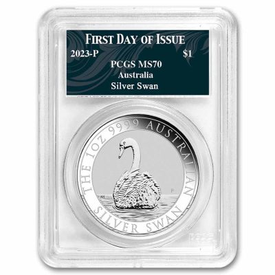 2023 (New) Australian Swan Silver 1 oz Coin PCGS MS70 (First Day of Issue, Swan Label)
